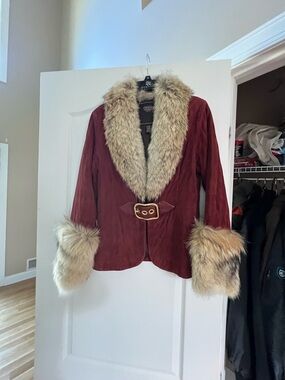 Coach Burgundy Suede Jacket with real Fur Trim and gold accents